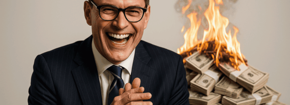Sparkassen-Berater reibt sich die Hände vor brennendem Haufen an Geldscheinen.