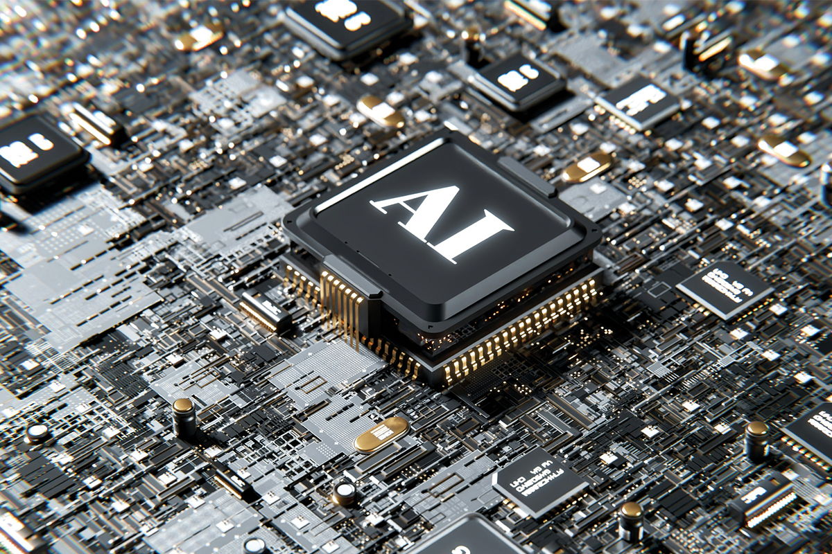 Nahaufnahme eines Computerchips mit der Aufschrift „AI“ auf einer Leiterplatte.