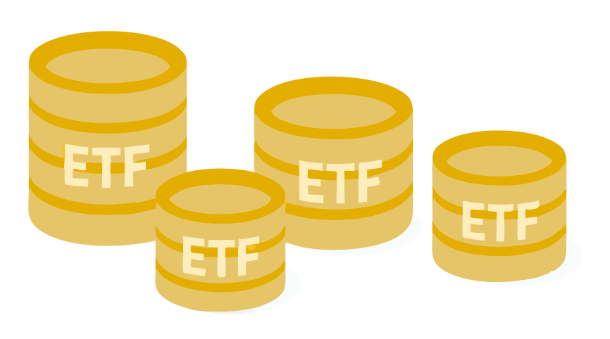 Vier goldene Münzstapel mit der Aufschrift ETF in verschiedenen Höhen.