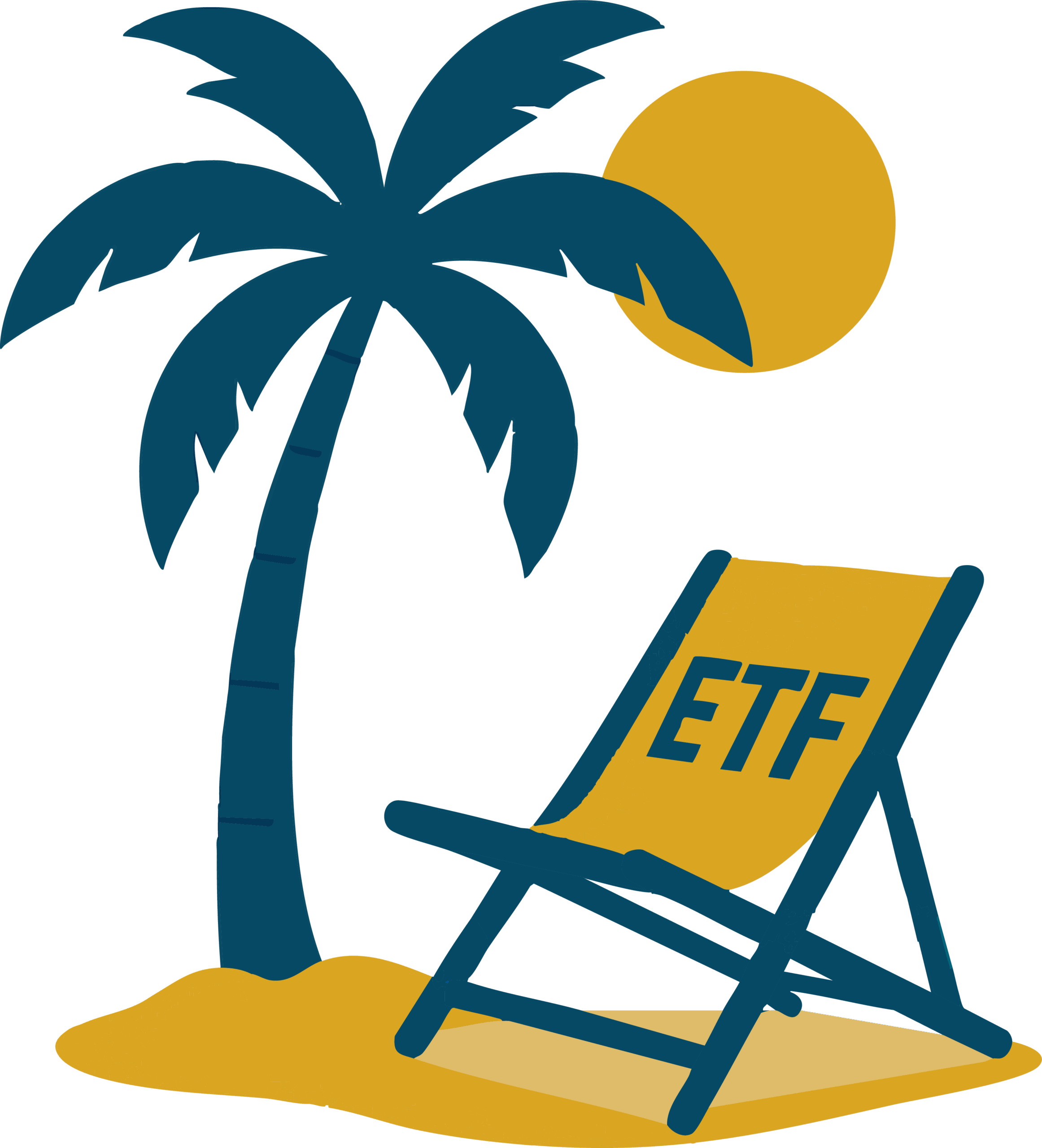 Strandmotiv mit Palme, Sonne und Liegestuhl mit der Aufschrift ETF.